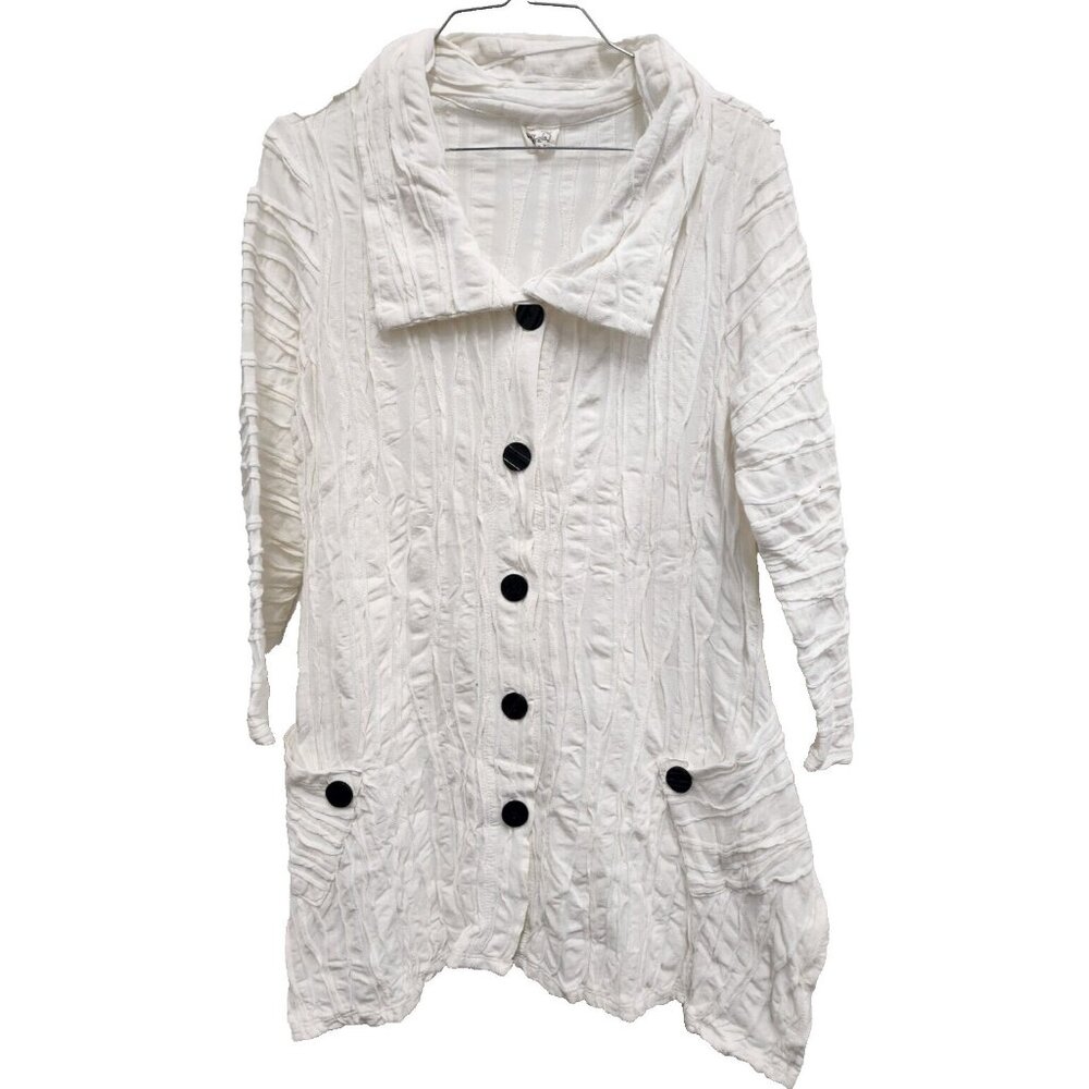 Et Lois Womens Lagenlook Tunic‎ Top Medium White Button Front Ribbed Minimalist